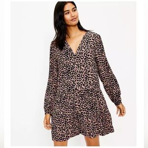 NWT LOFT  Leopard Print Button Tiered Swing Dress Size‎ Large Petite